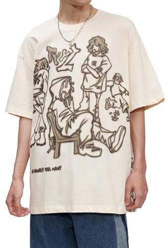 Aelfric Eden Oversize T-Shirt Herren Tee Shirts Unisex Sommer Basic Tops Baumwolle Oberteil Rundhals Aufdruck Bluse T-Shirt für Männer Beige L
