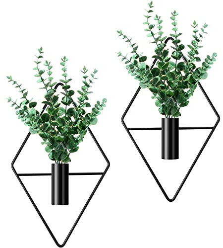 Jexine Hängende Pflanzgefäße mit künstlichen Pflanzen, Metallvase, Zimmerpflanzenhalter, moderne geometrische Boho-Wanddekoration für Wohnzimmer, Heimbüro, Schwarz, Eukalyptus, 2 Stück