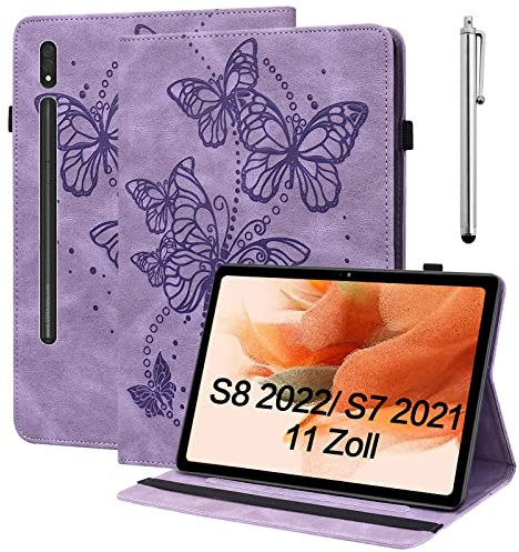 BOLELAW Hülle für Samsung Galaxy Tab S8 11 Zoll 2022 /Galaxy Tab S7 11 Zoll 2020 Geprägter Schmetterling PU Leder Folio Flip Case mit Stifthalter Stand Kartenschlitz Tablet Hülle, Lila