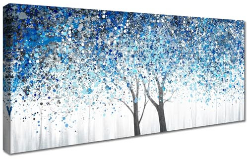 Arbre en Fleurs Bleu Argenté Tableau sur toile Cadre en bois Grande Impression sur Toile Peinture Affiche Decoration Murale Arbre de vie Abstrait Image Tableau Decoration Murale Salon Chambre 50x120cm