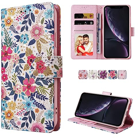 UEEBAI Wallet Case for iPhone XR, PU Leather Phone Case Kickstand RFID Blocking Flip Case with Card Slots Wrist Strap Relief Engraved Pattern Magnetic Closure Folio Case - Multi-Flower