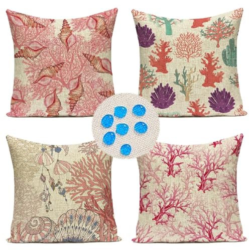 Housse Coussin 70x70 Lot de 4 Housse de Coussin d'extérieur Imperméable Canapé Taie d'oreiller en Lin de Corail Rouge Taies d'oreiller pour Coussins Chaise Jardin Salon Décoration Moderne