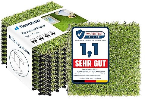 Floordirekt Azulejos de césped de 30 x 30 cm, 1 m² = 11 baldosas para terraza, balcones – Suelo para balcón y terraza – resistente a la intemperie con función de drenaje | hierba
