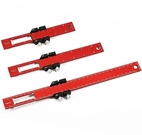 3 St Woodworking Ruler, Einstellbarer Winkel 45°, 60°, 90° Holzbearbeitungslineal mit Gleitanschlägen Zoll und Metrisch Präzisions-Taschenlineal für Ingenieur (16,5/21,6/31,8 cm, Rot)