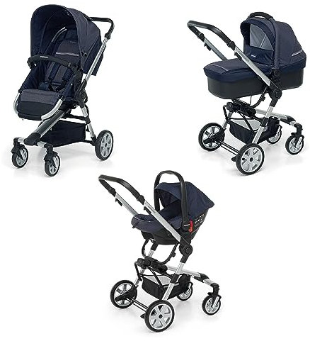 Foppapedretti Trio Supertres I-Size, Sistema Modulare Combinato per Bambini, Navicella Passeggino e Seggiolino auto I-Size, Maniglione e Poggiagambe Regolabili, conforme ECE R129, Denim Ocean