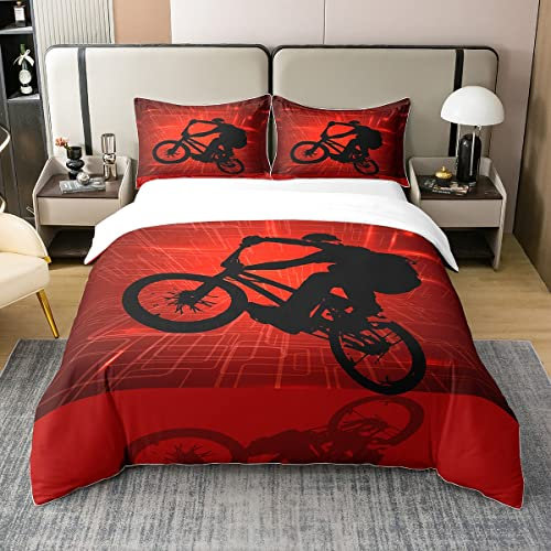 100% Bio Baumwolle Jungen Bettbezug 155x220,Dreck Fahrrad Bettwäsche Set für Kinder Jungen,Extreme Sport Spiele Tröster Abdeckung,Motorrad Fahrer Silhouette Bett mit1 Kissenbezug Schlafzimmer Dekor