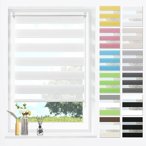 SBARTAR Doppelrollo Klemmfix Duo Rollos für Fenster ohne Bohren & zum Bohren, Weiß B110 x H140 cm (Stoffbreite 106 cm), Lichtdurchlässig, Klemmrollo, Fensterrollo, Zebrarollo