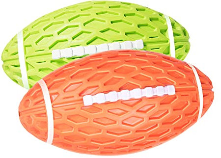 AUSCAT 2 Stück Hundespielzeug Ball Quietschend, 10.3cm Hundeball für Mittlere & Kleine Hunde, Quietschspielzeug Football-Form aus Naturkautschuk, Grün und Orange Rugby