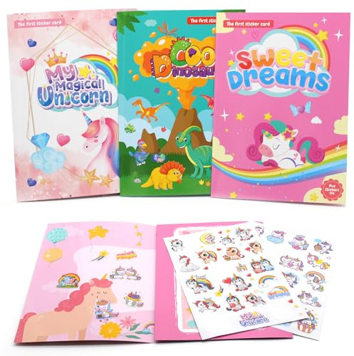Kujinova Pack of 3 Stickers Bambini Attacca Stacca, Kids Sticker Book with Dinosaur, Unicorn Type 1, Unicorn Type 2 Themes, Reusable Waterproof Stickers, Ideal Gift for 3-7 Years Boys & Girls