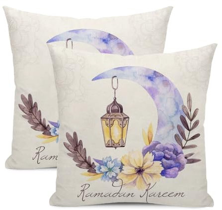 GOLIANDA Ramadan-Kareem-Kissenbezüge, 45,7 x 45,7 cm, 2 Stück, saisonaler Frühlings-Kissenbezug, Ramadan-Deko, Überwurfkissen, Mond, Blume, Laterne, dekorativer Outdoor-Kissenbezug für Zuhause,