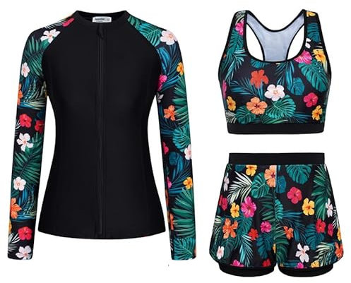 Ladies Long Sleeve Rash Guard Swimsuit ,Swimming Costume Women, Tummy Control Swimwear Rash Guard Swimsuit Upf 50+ Bikini Top & High Waist Boyshorts Zipper Modest Swimwear Bathing Suit Soft Surf Suit