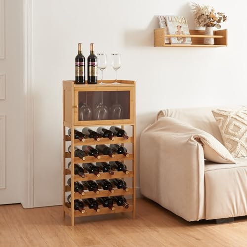 [en.casa] Casier à Vin pour 20 Bouteilles Range-Bouteilles Étagère à Vin Porte Bouteilles avec Compartiment de Rangement pour Verres Bambou Plastique 100 x 47 x 28 cm Naturel