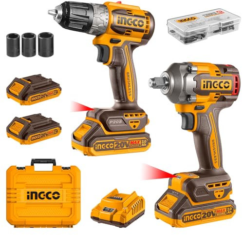 INGCO 20V Cordless Brushless Drill 2000RPM and Brushless Impact Wrench 400Nm Twin Kit with 2Pcs 2.0Ah Battery, Charger and Carrying Box CKLI20271E