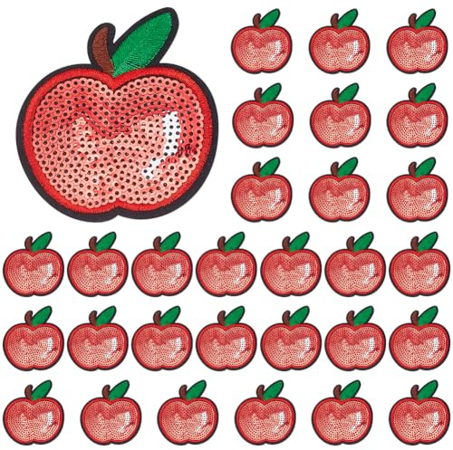 INFUNLY 30 Stück Apfel-Pailletten-Patches, Roter Apfel, Zum Aufbügeln, 2.8x2.4,{1} cm, Applikationen Mit Obstmuster Für Kleidung, Glänzende Apfel-Stoffflicken, Bestickte Pailletten-Apfel-Applikationen