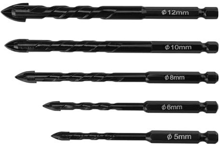 Glasbohrer Set, TIANLIN 5 Stück Fliesenbohrer Legierung, Keramikbohrer 5 Größen, Vierschneidiger Bohrer Einfaches Bohren Löchern, für Stein, Beton, Fliesen