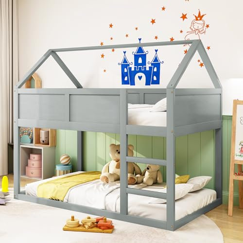 Hochbett 90x200, Hausbett mit Treppe, niedriges Kinderbett für 2 Kinder, Etagen-Einzelbett mit Rausfallschutz und Lattenrost, Etagenbett Holzbett Jugendbett Kinderhochbett Bettgestell Bett, Grau