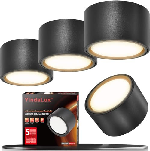 YindaLux 4x LED Aufbauspot Schwarz Matt Aufbaustrahler inkl. 6W 660LM Warmweiß Aufputz 230V GX53 LED als Aufbauleuchte, Deckenspots, Spots Deckenleuchte, Deckenstrahler Aluminium Rund Ø95x55mm