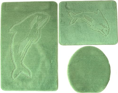 Gökyildiz Lot de 3 tapis de bain motif dauphin uni, 55 x 85 cm, tapis de WC rectangulaire pour toilettes suspendues (vert antique)