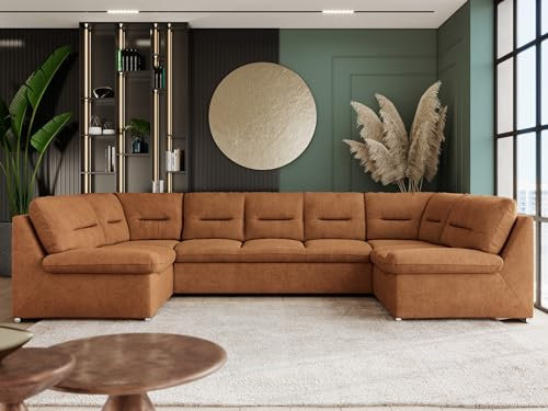 MKS MEBLE Sofa XXL U-Form Orange, Wohnlandschaft U Form mit Schlaffunktion, Sofa mit Schlaffunktion, Schlafsofa mit Topper, Wohnzimmer Couch mit schlaffunktion - Comodo U - Orange Stukture