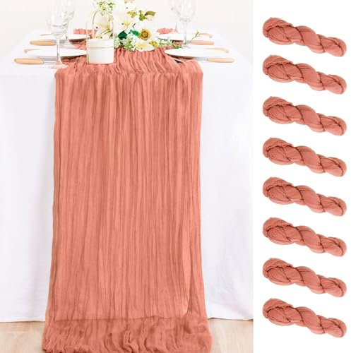 Lot de 8 Chemins de Table en Étamine Vieux Rose, Nappe en Gaze Semi-Transparente 90×300cm Boho pour Réception de Mariage, fête Prénuptiale, fête d'anniversaire, Mariage Rustique et Romantique
