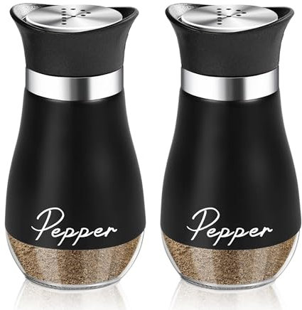 DOETYD 2 Black Salt and Pepper Shakers Set 1 Salt +1 Pepper Shakers Salt Shakers with Clear Glass Bottom and Stainless Steel Lid for Kitchen Restaurant Camping Dining