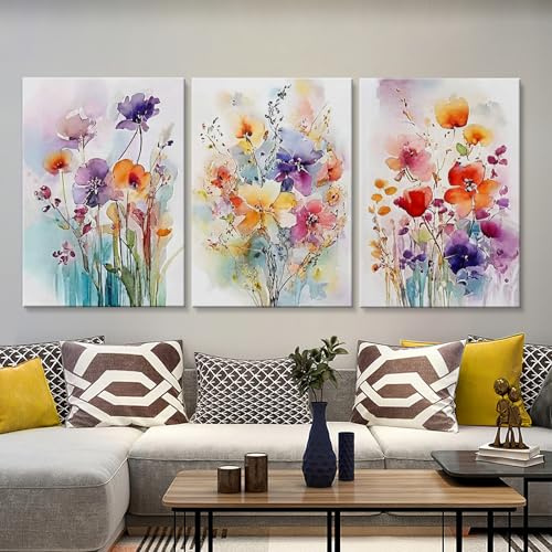 Viusneun 3er Premium Poster Set, Bunt Blumen Wandbilder Aquarell Floral Leinwandbilder Moderne Aesthetic Leinwand Bilder Ohne Rahmen Kunstposter für Wohnzimmer Deko (50 x 70 cm)