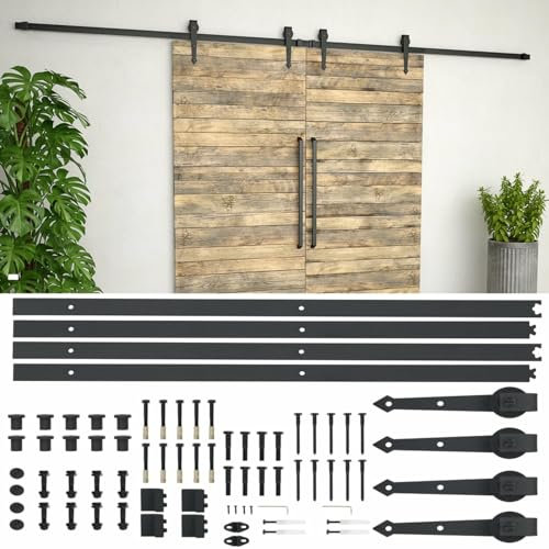 Brokky Kit di Binari per Porte Scorrevoli 2x183 cm in Acciaio Nero,Binario per Porta Singola Scorrevole,Rustico Kit Accessori con Guida a Pavimento Regolabile