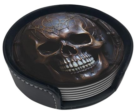 Phayah Lot de 6 dessous de verre en cuir avec tête de mort de couleur cuivre, avec boîte de rangement pour restaurant, cuisine, bureau