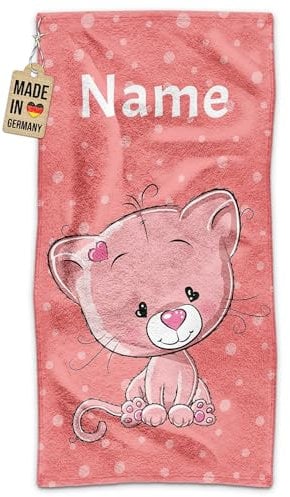 PR Print Royal Kinder-Handtuch mit Name personalisiert - Katze - Geschenk für Jungen & Mädchen, Tier Geschenke, Kindertag, Schwimmunterricht | Handtuch Personalisieren 140 x 70 cm
