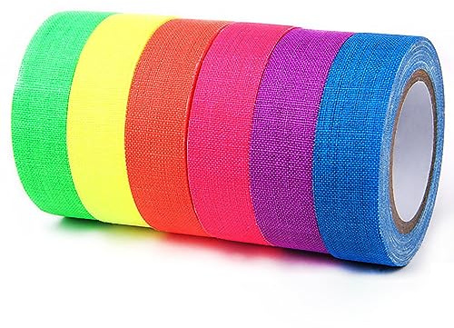 KALUROIL 6 Stück Neon Klebeband 5m x15mm UV Schwarzlicht Fluoreszierendes Klebeband Schwarzlicht Deko Fluoreszierendes Gaffer Tape Neon für Leuchtstäbe Partydeko Handwerk