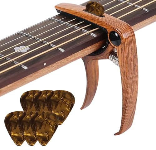 SULIUDAJI Guitar Capo Guitar Capo with 6 Plectrums Picks for Acoustic and Electric Guitar, Ukulele, Mandolin and Banjo, Wood Colour