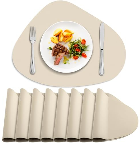 BARTHKIT Tischsets aus Kunstleder, 8 Stück, abwischbar & waschbar | Wasserdichte, hitzebeständige und leicht zu reinigende runde Tischsets für Esszimmer und Küche, 43,2 x 33 cm, Beige