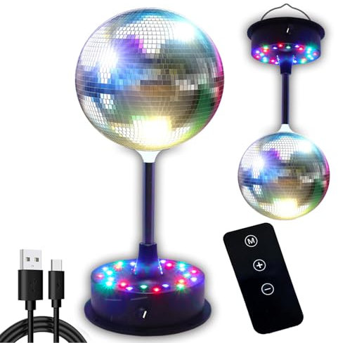 Remote Control 6 Inch Rotating Mirrors Disco Ball Light with 5RPM-9RPM Adjustable Rotary Motor 24 RGB LED Mood Lights Great for Home Party Dance Holiday Christmas Decoration（USB/Battery Powered）