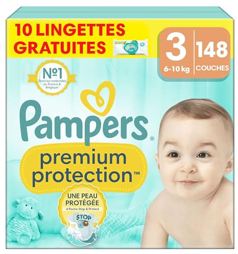 Pampers Premium Protection Taille 3, 148 Couches, 6-10kg, Double Protection Pour La Peau et Contre Les Fuites + 10 Lingettes Harmonie Aqua Gratuites