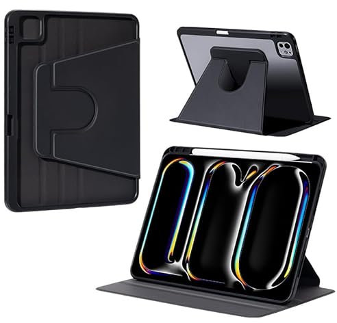 Yhsvie Custodia girevole per iPad Pro da 13 pollici (M4) 2024 con portapenne, custodia in pelle PU con supporto, girevole a 360 gradi, retro trasparente, auto guardia/sonno nero