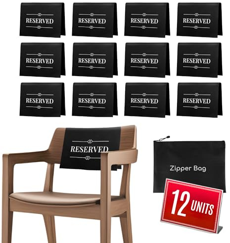 Reserved Seating Signs for Chairs, Black Fabric 12 Pack, Reserved Chair and Pew Signs for Weddings, Church Services, Funerals, Banquets, Recitals, Restaurants, Reusable, Adaptic Group