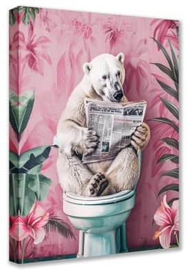 Lustiger Eisbär am Klo-Leinwand-Wandkunst Tier liest Zeitung Bild 1P Tropische Pflanzen Poster Drucke Süße Moderne Kunst für Wohnzimmer Schlafzimmer Wohnraum Dekor Gerahmt Galerie-Gewickelt Bereit zum