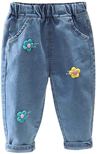 Neonate Baggy Jeans Floreale Modello Bambino Carino Jeans Elastico Vita Neonato Blu Jeans con Tasca Morbido Pantaloni Casual Primavera Estate Pantaloni, B, 12-24 Mesi
