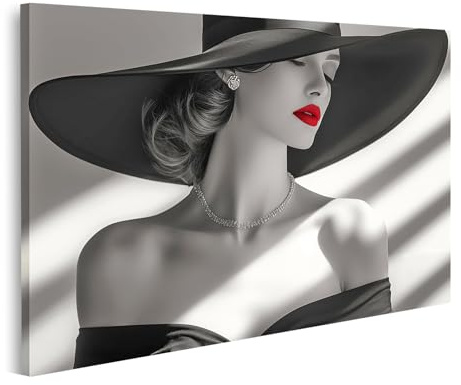 islandburner Bild auf Leinwand Elegante Frau mit Hut und roten Lippen in Schwarzweiß für Schlafzimmer Modeinteressierte Modeboutique Bilder Wandbilder Poster