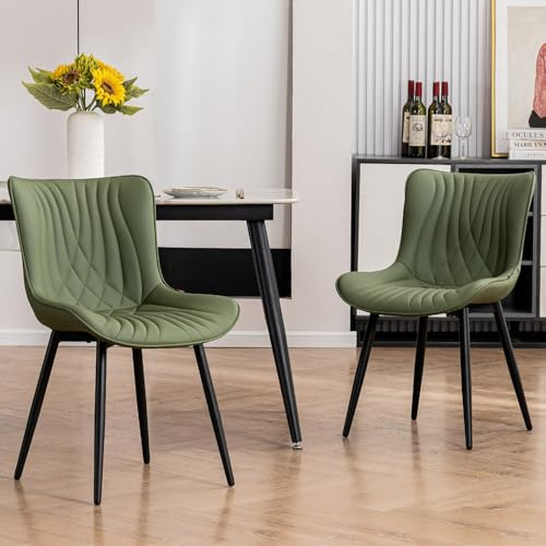 Kidol&Shellder Dining Chairs Set of 2, Modern Dining Room Chair, Green | PU Leather Kitchen Chairs with Thick Backrest, Uplostered Armless Lounge Leisure Chair with Metal Legs for Living Room