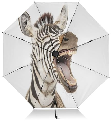 RPLIFE Reise-Regenschirm, winddicht, zusammenklappbar, Regenschirme für Rucksäcke/Handtaschen, Regen, Wind und Sonne, lachendes Zebra
