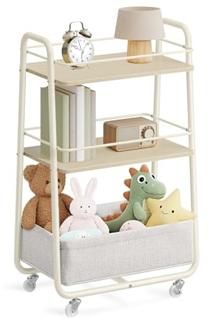 VASAGLE Collection - Storage Trolley with Fabric Basket, 3-Tier Rolling Trolley on Wheels, with Shelves, for Living Room, Bedroom, Kitchen, Natural Beige and Cream White LILEA LRC001LL02