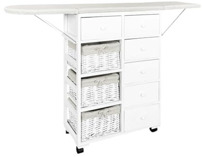 Acomoda Textil – Mueble de Planchar de Madera con 9 Compartimentos de Almacenamiento. Tabla Planchar Plegable con Organizador Decorativo para Hogar con Cajones y Cestas de Mimbre. 56/121x30x89 cm