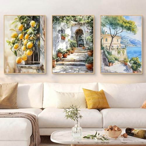 TROYSINC 3er Ästhetik Poster Set, Sommer Zitrone Olivenbaum Wandbilder Wohnzimmer, Vintage Mediterrane Landschaft Kunstdruck Leinwandbild Bilder für Schlafzimmer, Ohne Rahmen (50x70cm,B)