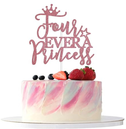 Princess cake toppers,4th birthday decorations girl,Cake toppers girls - RETWOT Four Ever a Princess Rose Pink Glitter Cake Topper for 4 Year Old Girl Birthday Party
