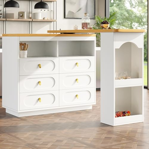 Gxffipw 360° Drehbarer Bartisch Höhe 90 cm mit 6 Schubladen und Goldene Griffe, Drehbare Esstisch mit Stauraum, Sideboard Bartisch Küche mit Regale, Küchenschrank Barschrank für Esszimmer, Weiß ﻿