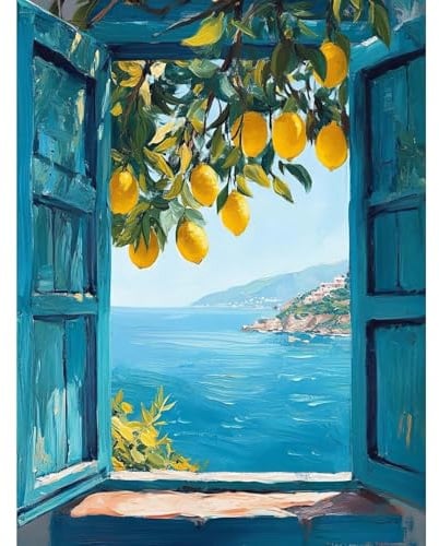 Yaostarart Coastal Lemon Tree Paint by Numbers for Adults,Window View Adult Paint by Numbers,Landscape Painting by Numbers for Adults Perfect for Gifts Home Wall Decor 12x16inch,Mediterranean