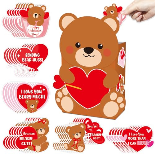 55Pcs Valentines DIY mailbox Valentines card box craft kit for kids Valentine's Day bear mailbox Valentine's Day card box exchange gift mail card crafts for classroom school activity decorations