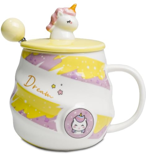 Mugtide La Tasse à Café Licorne, Une Adorable Tasse en Céramique 3D Avec Couvercle Et Cuillère, Tasses à Café Adaptées Aux Filles Et Aux Garçons, Est Le pour Vos Proches, 480 ML (Jaune)