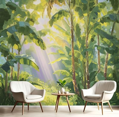ANALTIRCE Papier Peint Intissée Jungle Tropicale Peinture À L'Huile 150×105cm Papier Peint Panoramique, Résumé Bananier Tableaux Décoration Murale pour Salon, Chambre, Décor Fond TV, Vert